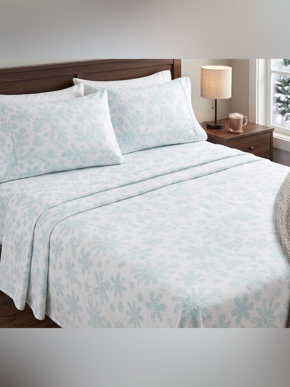 NEW HD Designs Soft Snowflake Print White & Light Blue King Size Sheet Set